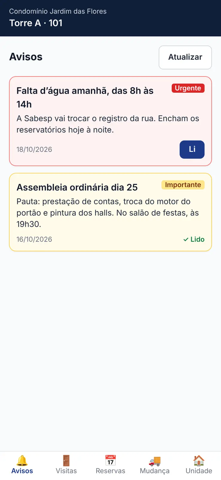 Aplicativo do morador com os avisos do condomínio