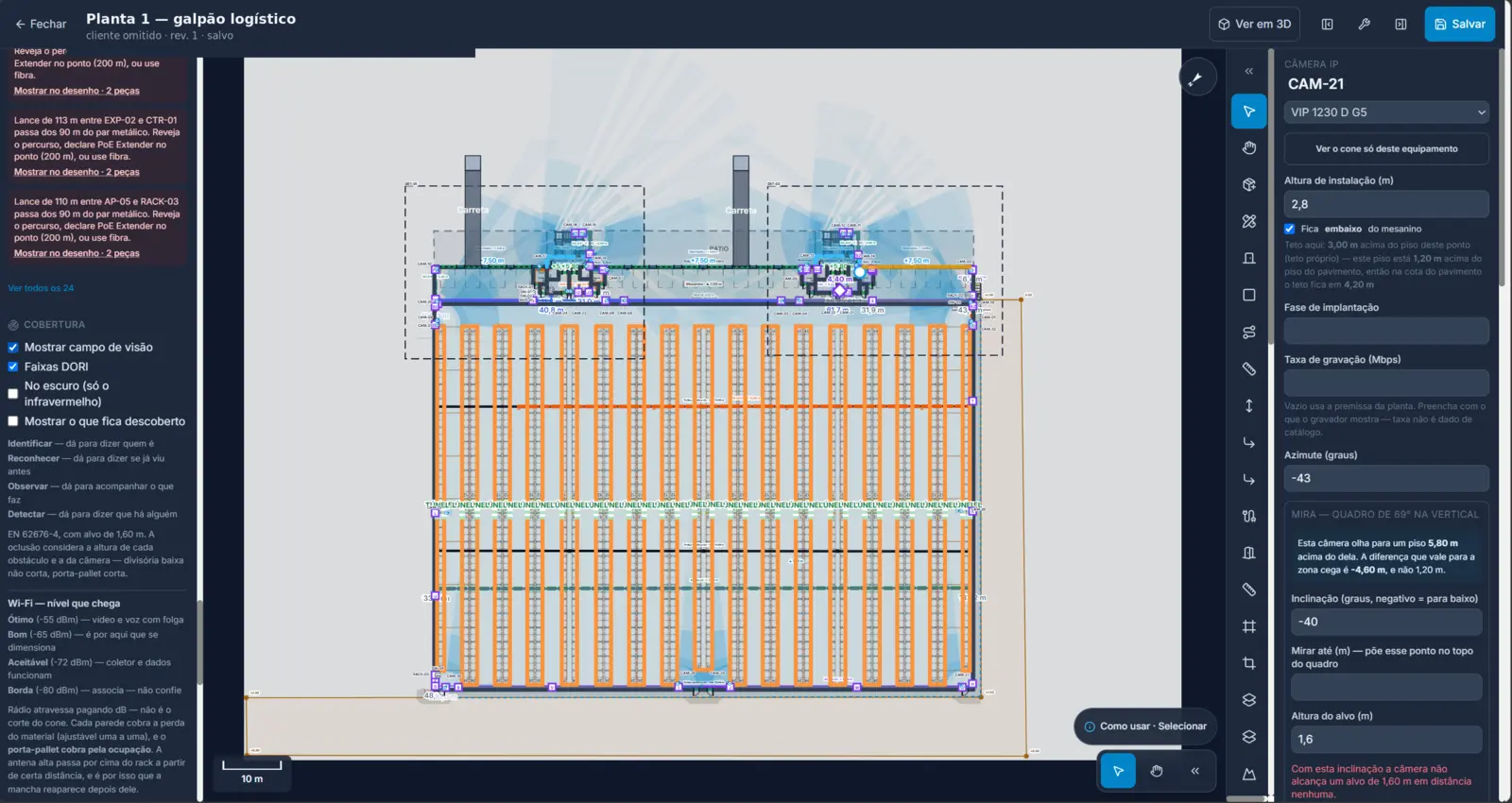 Planta em 2D com o campo de visão das câmeras e as faixas de detectar, observar e reconhecer